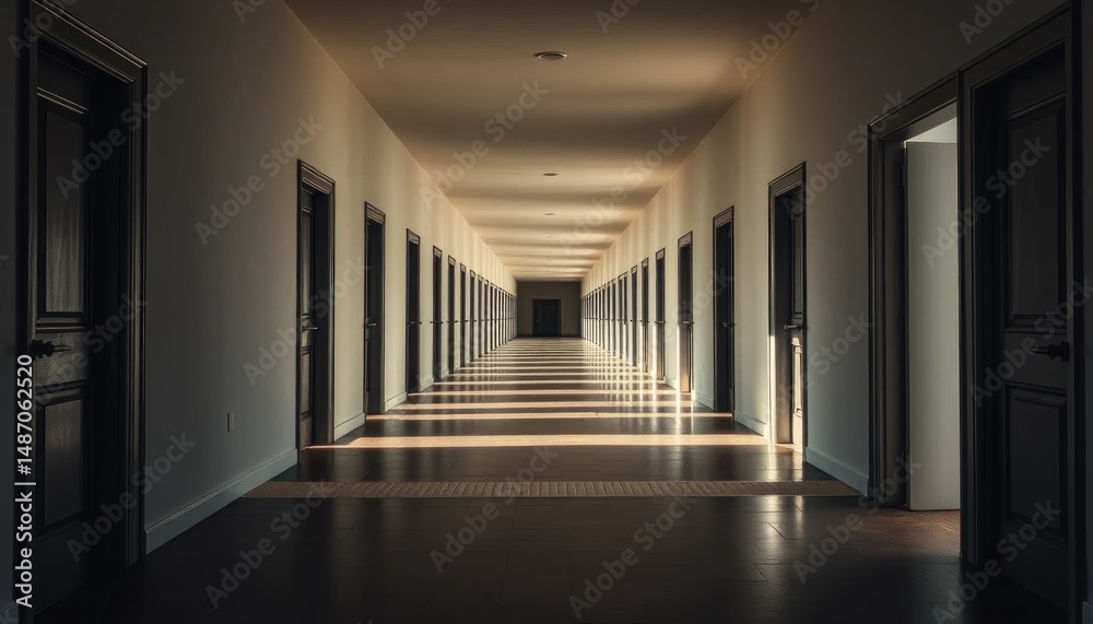 Fototapeta premium Endless hallway with doors, perspective, architecture, light and shadow