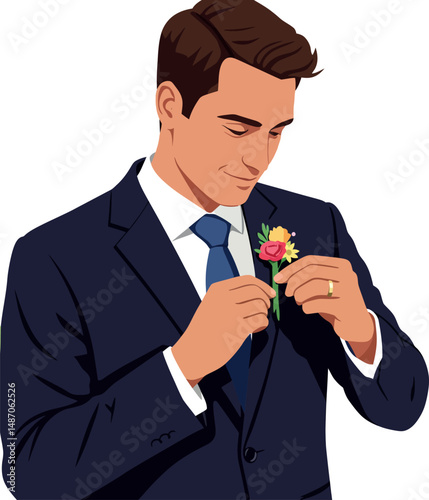 Groom adjusting pink rose boutonniere on navy blue suit for wedding ceremony