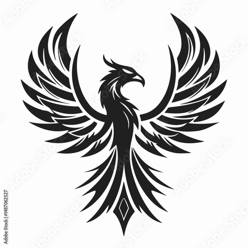 A bold vector illustration of a flying bird, blending the power of an eagle, the mystique of a phoenix, and tribal tattoo flair. With outstretched wings, sharp feathers, and a fierce head, this black 