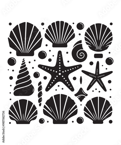 Sea shells starfish silhouette vector illustration, Starfish icon collection. 