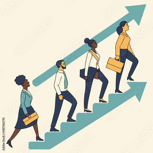 Inclusive Business Team Climbing Steps Vector: Leadership and Diversity in the Workplace