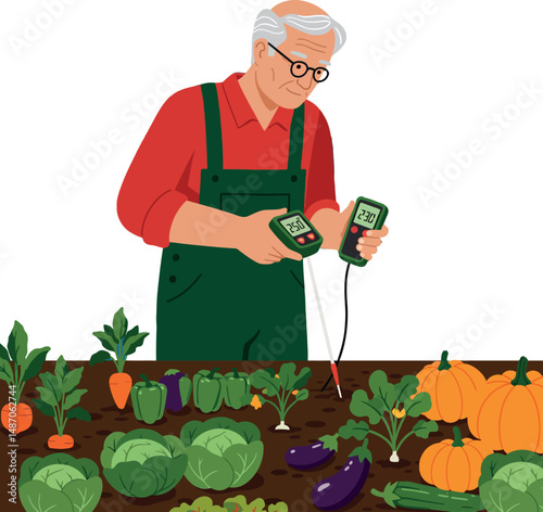 Elderly man testing soil moisture in vegetable garden with pumpkins and eggplants vector illustration 