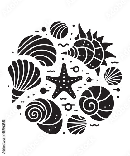 Sea shells starfish silhouette vector illustration, Starfish icon collection. 