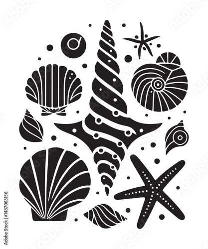Sea shells starfish silhouette vector illustration, Starfish icon collection. 
