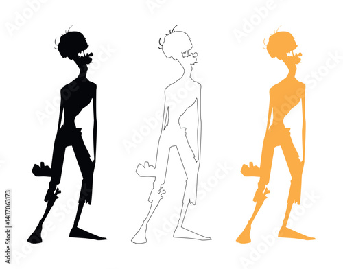 Silhouette and Outline Vector of a Cartoonish Bony Character