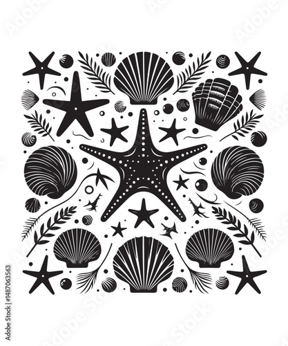 Sea shells starfish silhouette vector illustration, Starfish icon collection. 