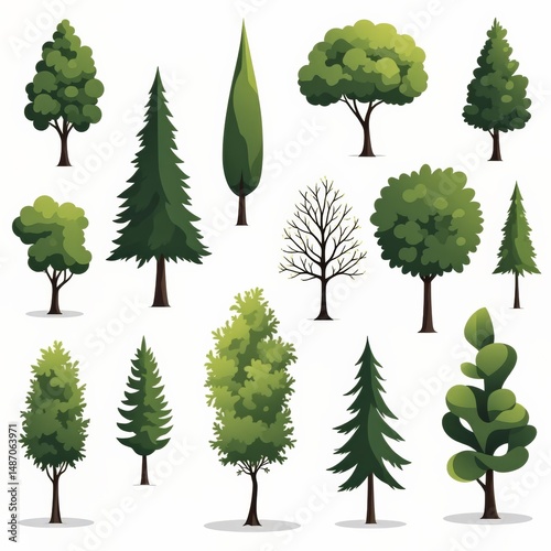 Assorted Collection of Artistic Tree Illustrations Showcasing Diverse Foliage and Tree Types