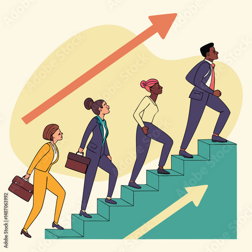 Inclusive Business Team Climbing Steps Vector: Leadership and Diversity in the Workplace