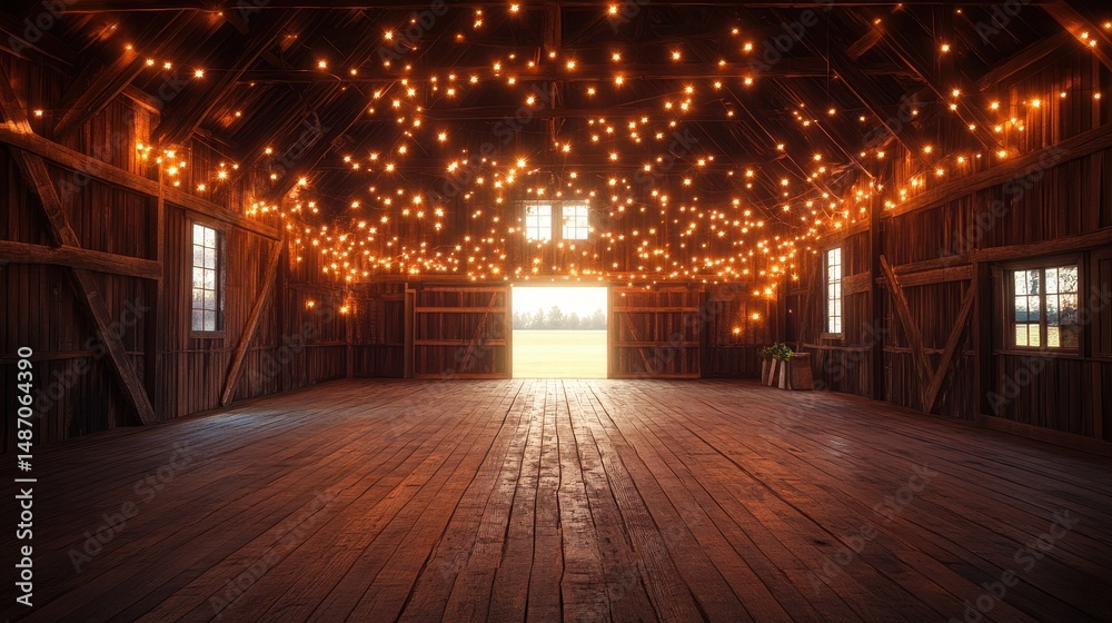 Obraz premium Rustic barn interior with string lights and an open doorway to a field. Ideal for events, weddings, or cozy rural themed designs.