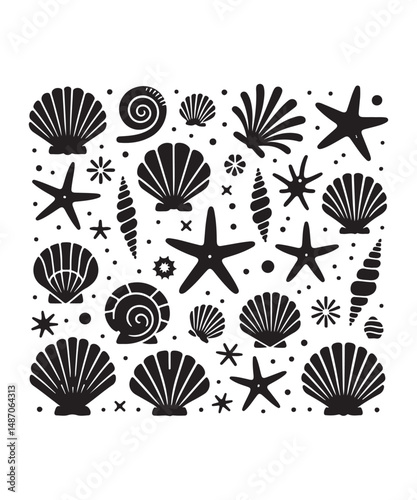 Sea shells starfish silhouette vector illustration, Starfish icon collection. 