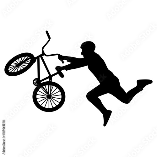 Freestyle Bmx Bike Rider Silhouette on White Background. Vector Illustration