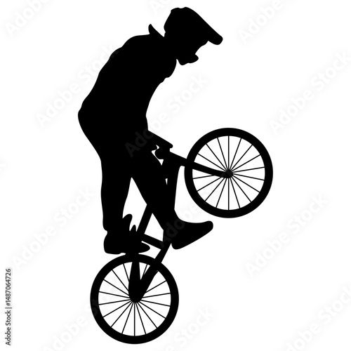 Freestyle Bmx Bike Rider Silhouette on White Background. Vector Illustration