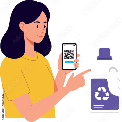 Woman holding smartphone with QR code pointing at purple recycling bin vector illustration 