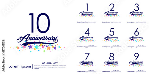 Set of 1st-10th years anniversary celebration emblem. congratulations anniversary logo isolated with ribbon and colorful stars on white background. vector illustration template design