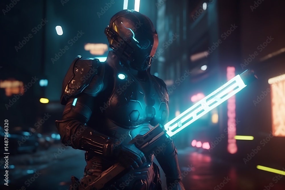 Fototapeta premium Neon City Cyborg Soldier.