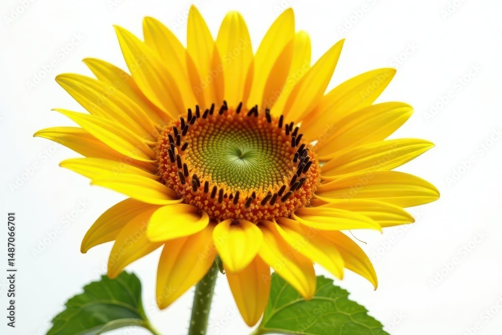 Fototapeta premium Large sunflower facing viewer, crisp detail, pure white background, organic, element