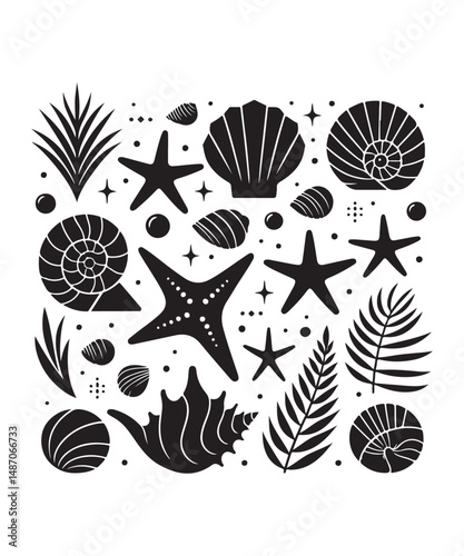 Sea shells starfish silhouette vector illustration, Starfish icon collection. 
