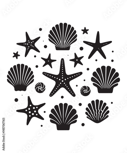 Sea shells starfish silhouette vector illustration, Starfish icon collection. 