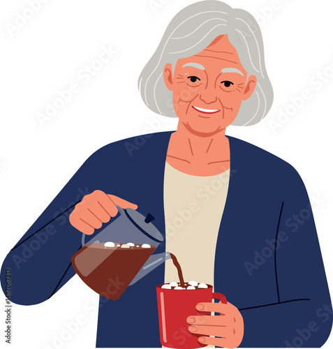 Elderly woman pouring coffee into cup with marshmallows vector illustration 