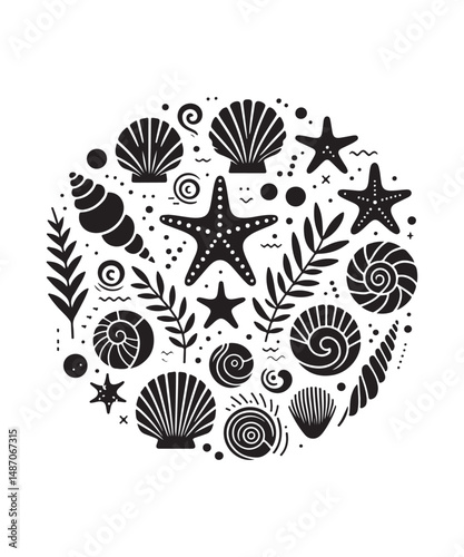 Sea shells starfish silhouette vector illustration, Starfish icon collection. 