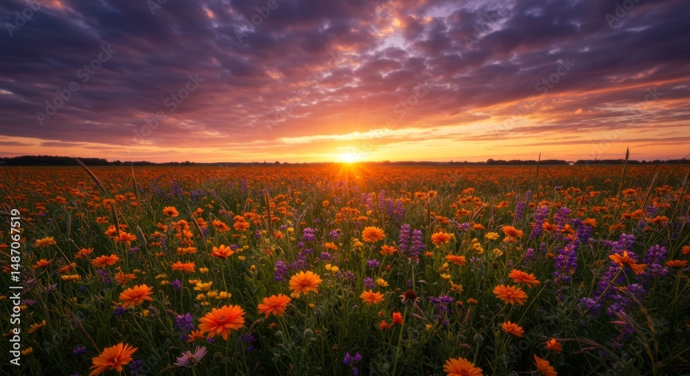 Fototapeta premium Vibrant Sunset Over a Field of Orange and Purple Flowers