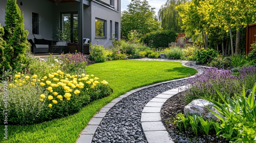 Obraz premium Lush green lawn and flower garden with a winding stone path near the house. Use it to show landscaping, gardening, or home improvement projects.