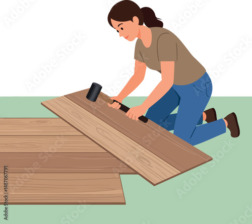 Woman installing wooden flooring with hammer and nails in home improvement project 