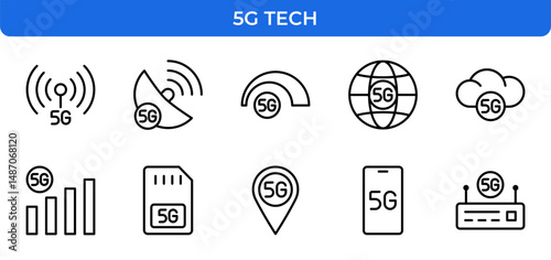 5G Technology Line Editable Icons set. Vector illustration in modern thin line style of network and communication related icons: signal, satellite, SIM card, smartphone, router, cloud, and more.