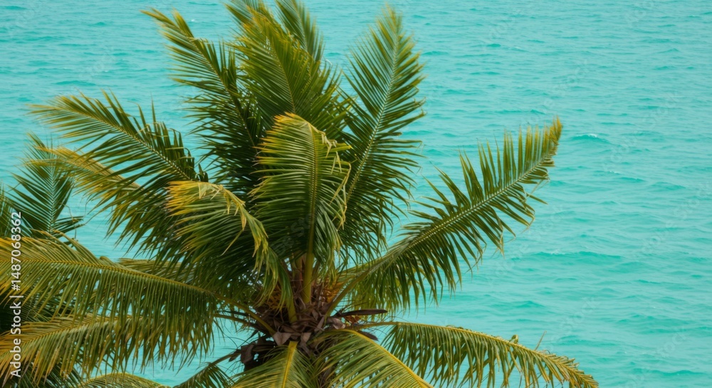 Fototapeta premium Vibrant Green Palm Tree Against Turquoise Ocean