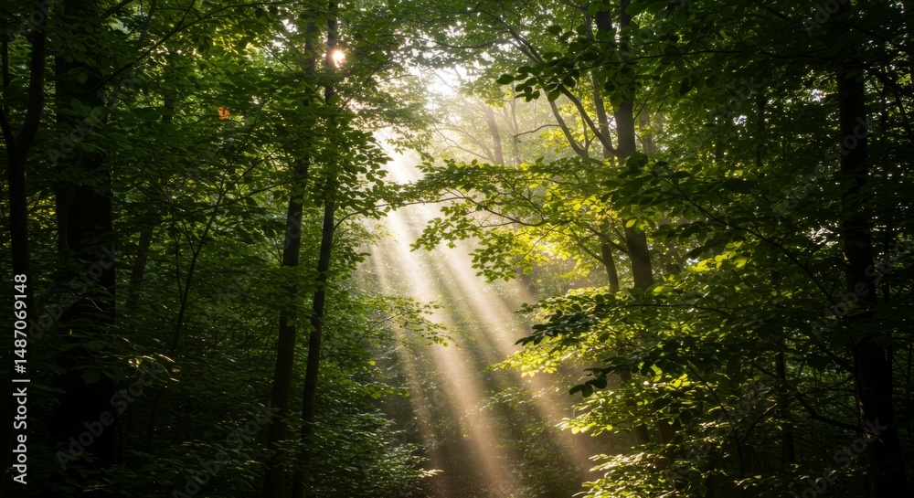 Obraz premium Sunbeams in Lush Green Forest