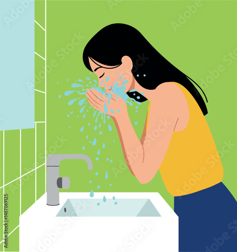 Woman washing face with water in bathroom sink vector illustration in green and blue colors 