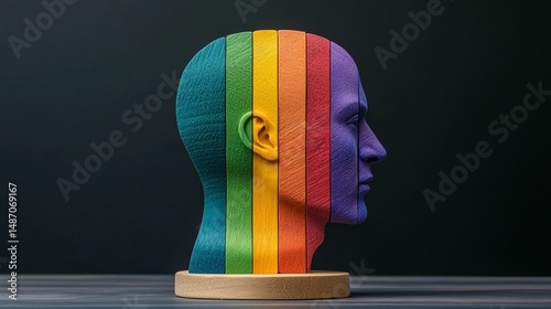 A colorful human head profile, segmented with rainbow stripes, sits on a wooden base against a dark background