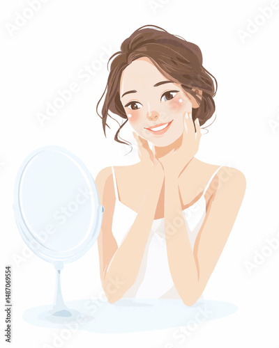 Joyful woman in front of mirror