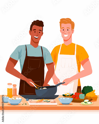  Gay couple cooking together