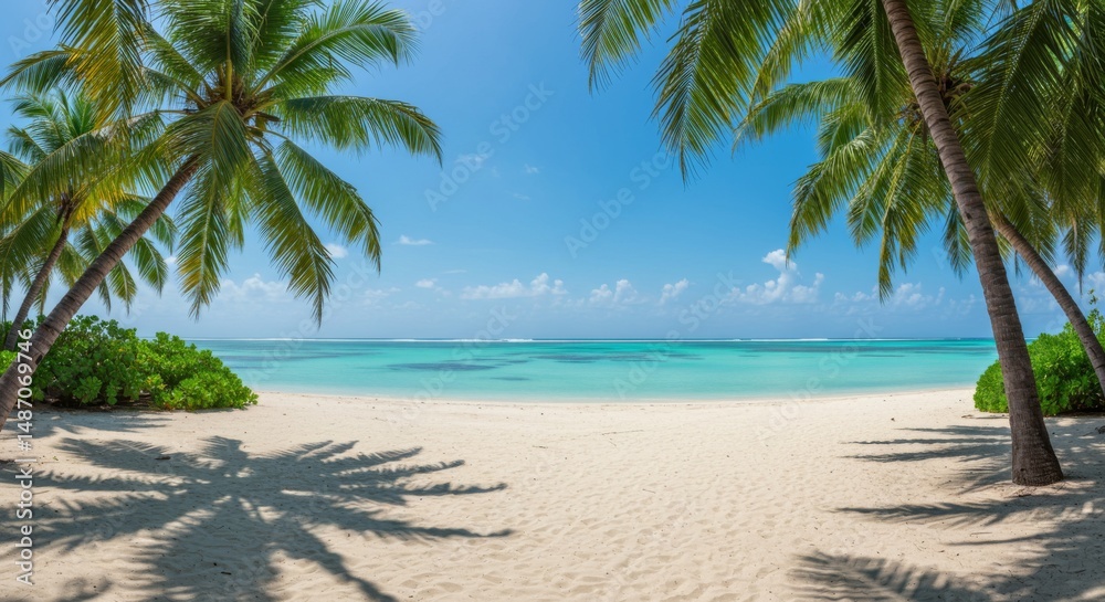 Fototapeta premium Serene Tropical Beach Scene with Palm Trees and Clear Blue Water