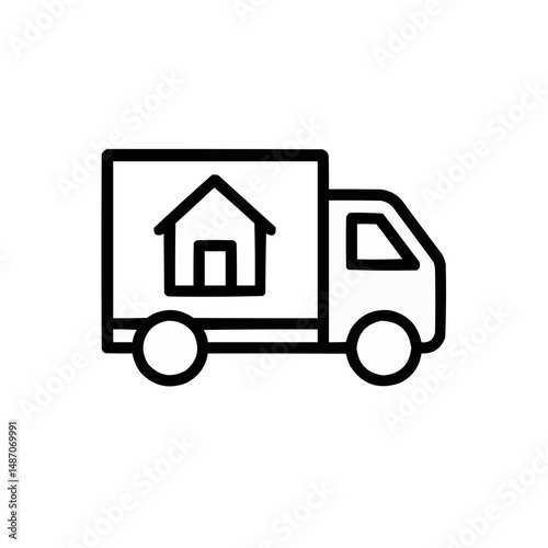 Outlined moving truck with a simple house symbol on its side — clean and compact.