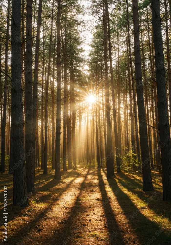 Obraz premium Sunlit Pine Forest Path at Sunrise
