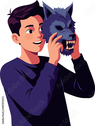 Young man holding fierce werewolf mask in portrait style vector illustration 