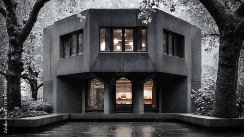 Modern Concrete Building Framed by Trees Architecture  Urban Landscape.