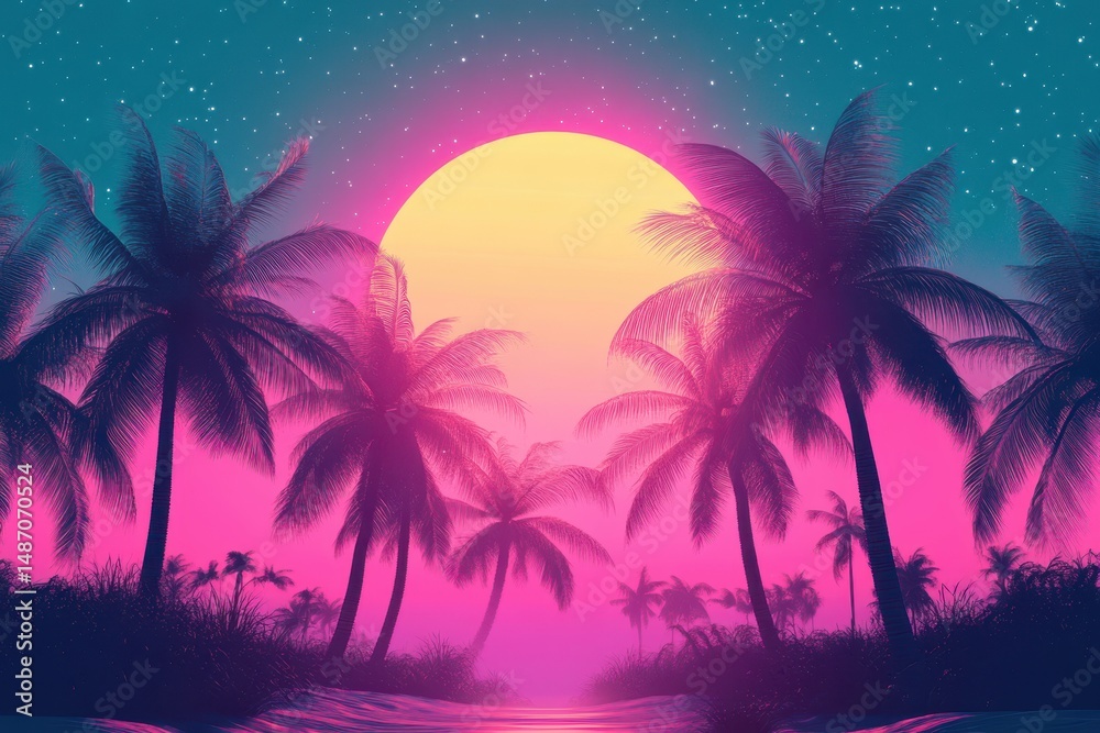 Obraz premium Pink palms silhouette against a bright moon and starry sky over calm water. Perfect for retro vibes, summer promotions, or vibrant digital designs.