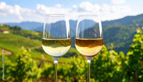 glass of white wine on mountains background