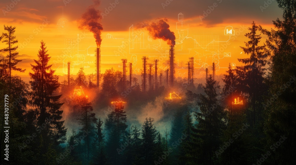 Naklejka premium Industrial pollution impacting a vibrant forest ecosystem at sunset.