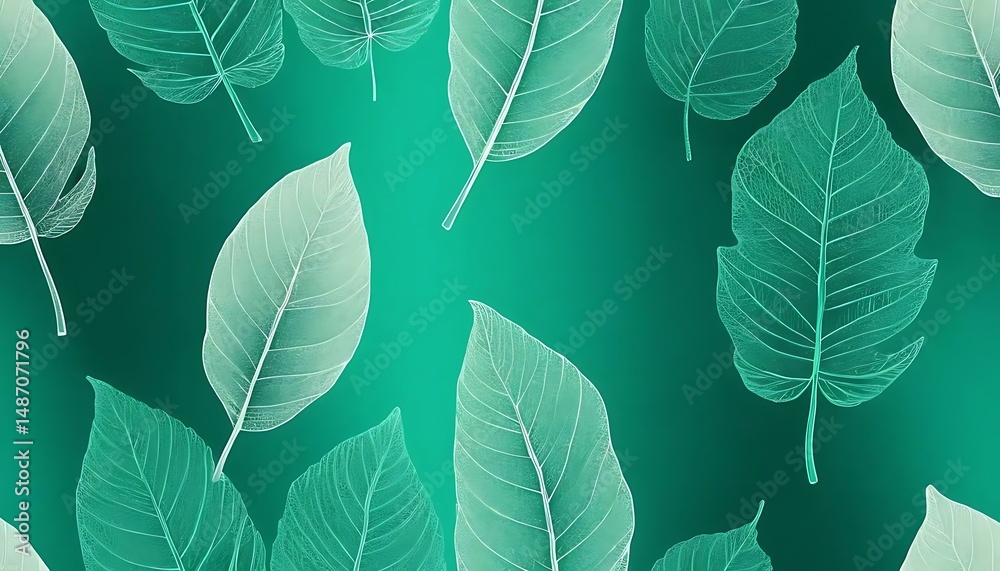 Obraz premium Translucent skeletal leaf silhouettes float on a teal gradient for an airy, organic effect.