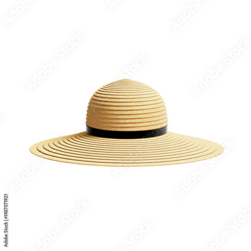 A straw sun hat with a black band isolated on a black background in a studio setting, front view on transparent background