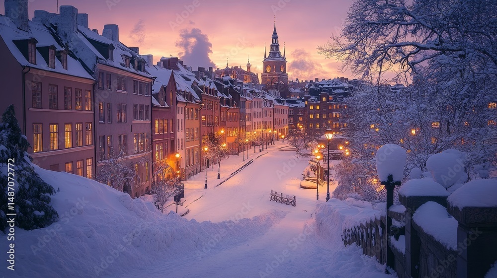 Obraz premium Snow-covered rooftops glowing warmly under the soft hues of a pastel sunset, Generative AI