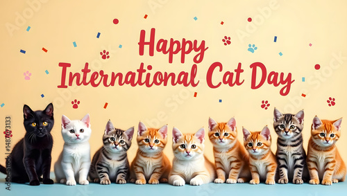 A colorful and heartwarming scene showcasing adorable kittens celebrating the joy of International Cat Day with festive decorations around them