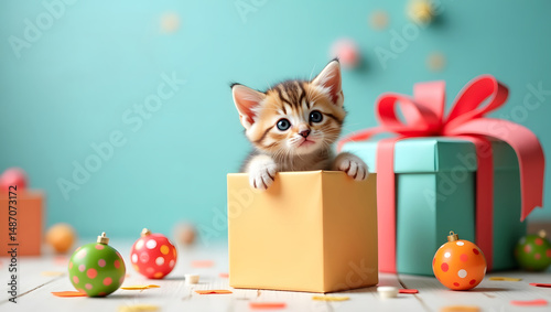 A cute little kitten peeks out from a bright gift box surrounded by playful ornaments and colorful decorations creating a festive atmosphere of joy