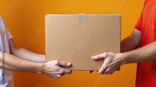 Delivery of a packaged box between two individuals in a vibrant orange background