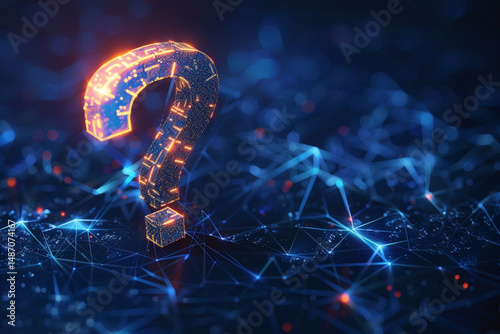 Virtual low poly hologram question mark with shine on digital dark blue background 