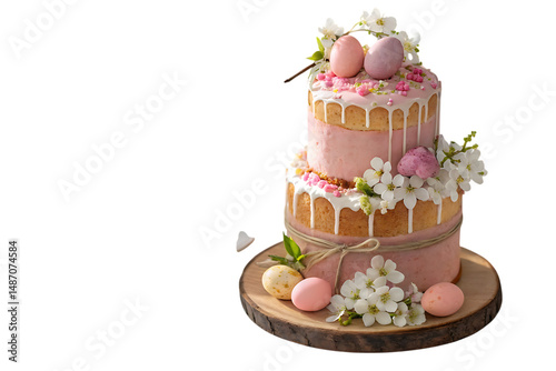 Elegant Two-Tiered Easter Cake Decorated with Pink Icing, Eggs, and Cherry Blossoms Against a Black Background.